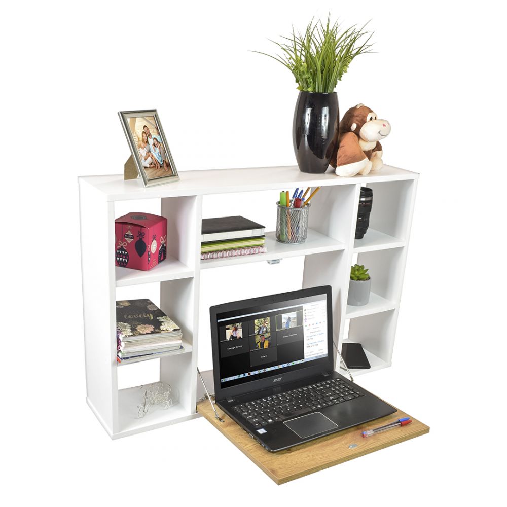 Mesa escritorio plegable con estante revistero interior para colgar en pared